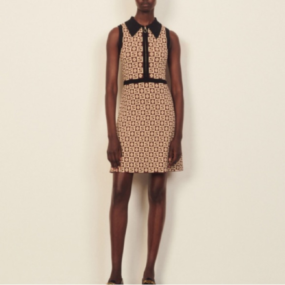 Sleeveless Jacquard Pattern Polo Dress